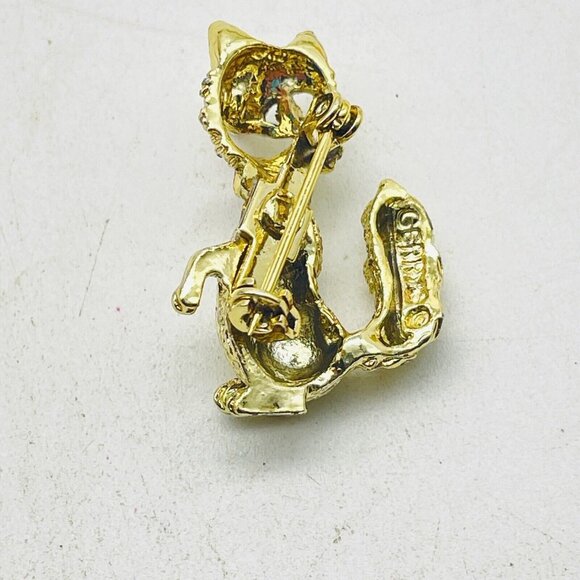 GERRYS Laughing Fox Pin Gold Tone Red Tongue Green Collar Rhinestone Eyes - Picture 5 of 6